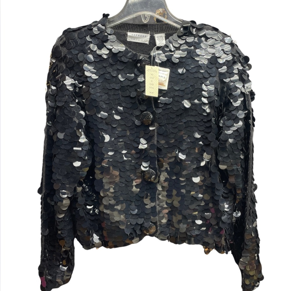 NWT Vintage  Express Tricot Black Large Sequin, Snap Button Cardigan Sz S